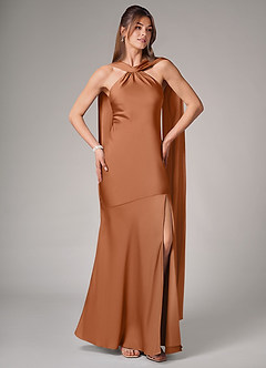 Azazie Kinsley Bridesmaid Dresses Copper Mermaid Side Slit Stretch Satin Dress image5