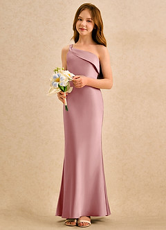 Azazie Almond Girls Formal Abiti da Ragazza di Fiori Abito Tubino in Raso Elasticizzato Monospalla Rosa Polverosa image3