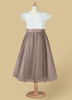Azazie Vetty Flower Girl Dresses Ivory Taupe A-Line Lace Tulle Dress image12