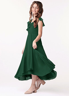 Azazie Posie Junior Dark Green A-Line Ruched Chiffon Dress image1