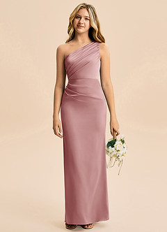 Azazie Akilah Junior Dusty Rose Sheath Pleated Stretch Satin Dress image1