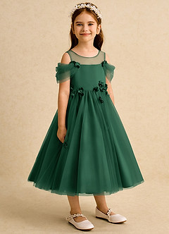 Azazie Juni Flower Girl Dresses Dark Green Ball-Gown Pleated Tulle Dress image8