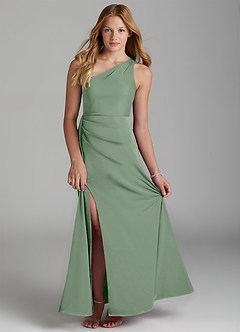 Azazie Maron Junior Matcha A-Line Pleated Stretch Satin Dress image1
