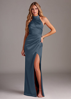 Azazie Jemma Bridesmaid Dresses Twilight Sheath Pleated Stretch Satin Dress image1