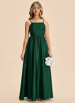 Azazie Kai Junior A-Linie Plissee Stretch-Satin Kleid Dunkelgrün image1