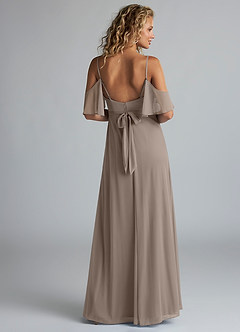 Azazie Fiena Final Sale Taupe A-Line V-neck Ruched Mesh Dress image3