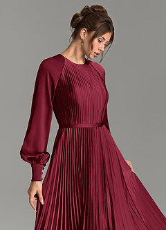 Azazie Grayson Kleider zum Anprobieren zu Hause A-Linie Langarm Stretch-Satin Kleid Burgunderrot image6