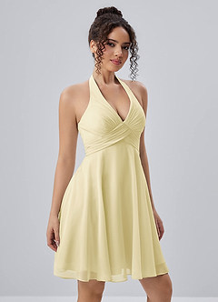 Joviannelle Butter Yellow Halter Ruched Chiffon Mini Dress image4