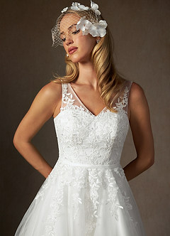 Azazie Dolores Wedding Dresses Diamond White A-Line V-Neck lace Satin Dress image7