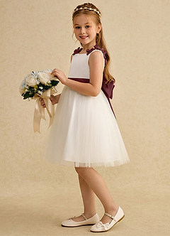 Azazie Lona Abiti da Ragazza di Fiori Abito A-Line in Raso Opaco Fiocco Avorio Rosa Del Deserto image4