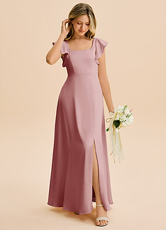 Azazie Bondi Junior Vestido de Rosa Polvorienta de Satén Elástico de Corte en A con Corte Lateral image3