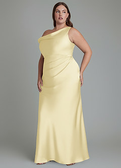 Azazie Emerson Bridesmaid Dresses Lemon Sorbet Mermaid Off the Shoulder Stretch Satin Dress image11