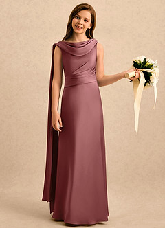 Azazie Sanah Girls Formal Robe Demoiselle D'honneur Fillette Robe Trapèze en Satin extensible Plissée Améthyste image3
