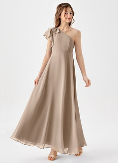 Azazie Arabella Junior Taupe A-Line Ruched Chiffon Dress image4