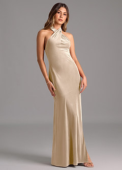Azazie Drita Bridesmaid Dresses Champagne A-Line Pleated Velvet Dress image5