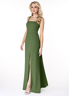 Azazie Jay Bridesmaid Dresses Olive A-Line Square Neckline Side Slit Chiffon Dress image4