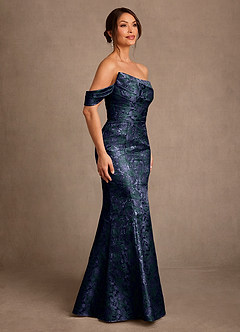 Azazie Nettie Mother of the Bride Dresses Dark Navy Mermaid Off the Shoulder Jacquard Dress image2