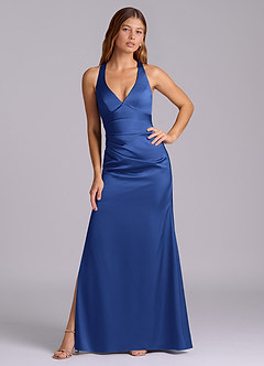 Azazie Amelie Bridesmaid Dresses Royal Blue A-Line Pleated Stretch Satin Dress image5