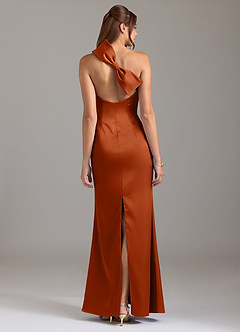 Azazie Arleth Vestidos de damas de honor Vestido de Naranja Quemada de Satén Elástico de Corte en A con Hombro unilateral image5