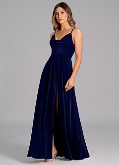 Azazie Sarella Robes de demoiselle d'honneur Robe Trapèze en velours Plissée Bleu Marine Foncé image5