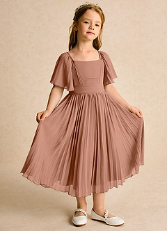 Azazie Gisele Abiti da Ragazza di Fiori Abito A-Line in Chiffon Plissettato Bronzo image5
