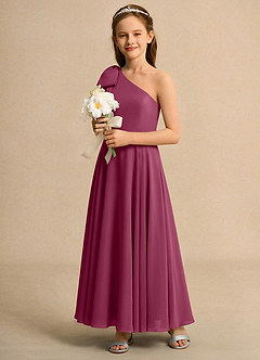 Azazie Guppy Girls Formal Robe Demoiselle D'honneur Fillette Robe Trapèze en Mousseline de soie Une épaule Mûre image6