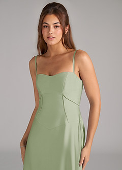Azazie Valentine Robes de demoiselle d'honneur Robe Trapèze en Satin extensible Corset Vert Sauge image6