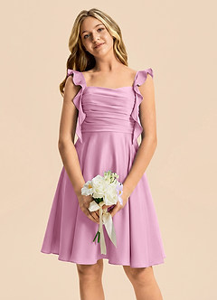 Azazie Kira Junior Vestido de Rosa Caramelo de Satén Elástico de Corte en A con Volante image3