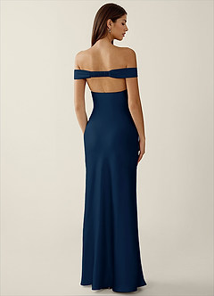 Gwendonme Navy Satin Crystal Linen Prom Dress image2