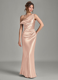 Azazie Emerson Vestidos de damas de honor Vestido Rosa Inglesa de Satén Metálico de Corte Sirena con Hombros descubiertos image4