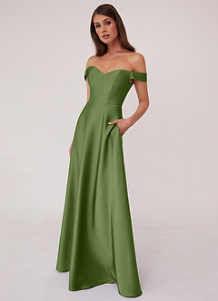 Barbie ♥ Azazie Robes de demoiselle d'honneur Robe Trapèze Convertible en Satin extensible Épaule décolletée Genévrier image4