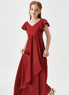 Azazie Omari Junior Pomegranate A-Line Pleated Stretch Satin Dress image6