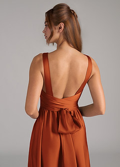 Azazie Kora Bridesmaid Dresses Cinnamon A-Line Pleated Stretch Satin Dress image2