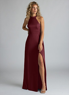 Azazie Clarice Robes de demoiselle d'honneur Robe Trapèze en Satin extensible Col Haut Cabernet image5
