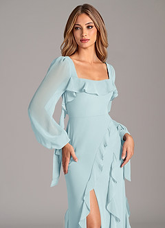 Azazie Candice Bridesmaid Dresses Sea Glass A-Line Long Sleeve Chiffon Dress image7