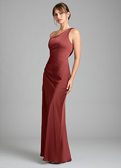 Azazie Madelyn Robes de demoiselle d'honneur Robe Sirène Convertible en Satin extensible Asymétrique Terracotta image6
