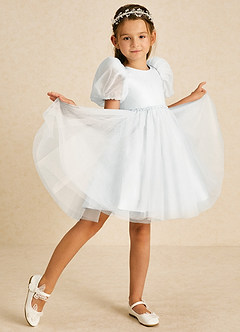 Azazie Blondie Flower Girl Dresses Diamond White A-Line with Sleeves Tulle Dress image3