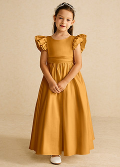 Azazie Piglette Flower Girl Dresses Butterscotch A-Line Bow Matte Satin Dress image4