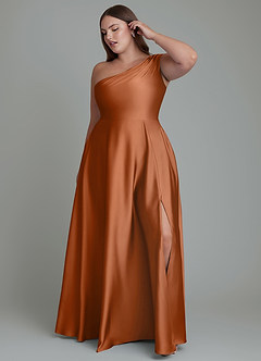 Azazie Melanie Robes de demoiselle d'honneur Robe Trapèze en Satin extensible Épaules dénudées Cuivre image9