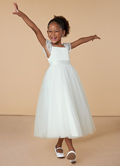 Azazie Little Flower Girl Dresses Diamond White A-Line Lace Tulle Dress image1
