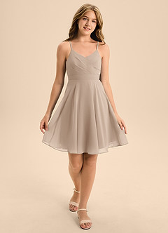 Azazie Avelina Junior Taupe A-Line Pleated Chiffon Dress image3