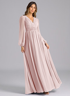 Azazie Palerma Bridesmaid Dresses Blushing Pink A-Line Long Sleeve Chiffon Dress image4