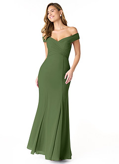 Azazie Lecia Vestidos de damas de honor Vestido de Oliva de Gasa de Imperio Convertible con Plisado fuera del hombro image1