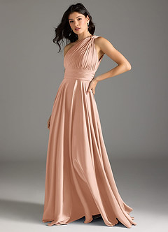 Azazie Charlize Robes de demoiselle d'honneur Robe Trapèze en Satin extensible Ue épaule Or Rose image4