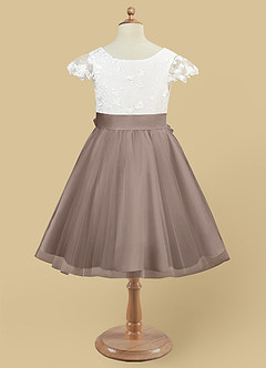 Azazie Vetty Flower Girl Dresses Ivory Taupe A-Line Lace Tulle Dress image9