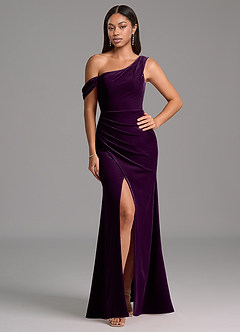 Azazie Madelyn Bridesmaid Dresses Grape Sheath One Shoulder Velvet Dress image1