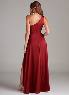 Azazie Brooke Robes de demoiselle d'honneur Robe Trapèze en Satin extensible Une épaule Écarlate image8