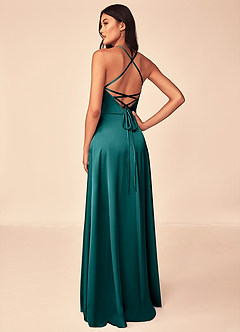 Azazie Mei Bridesmaid Dresses Peacock A-Line V-Neck Stretch Satin Dress image2