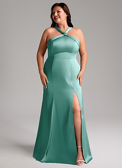 Azazie Rue Bridesmaid Dresses Aqua A-Line Pleated Stretch Satin Dress image10