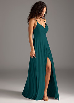 Azazie Davis Bridesmaid Dresses Peacock A-Line Pleated Mesh Dress image4